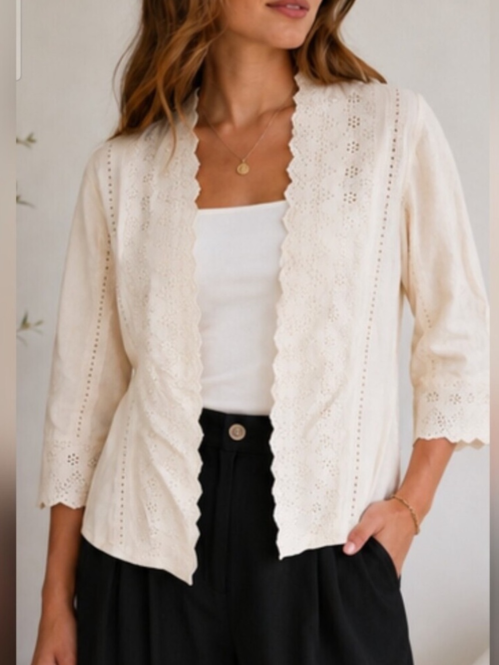 Papell Petites Cream Linen Blend Eyelet Embroidered Open Front Blazer Jacket 12P